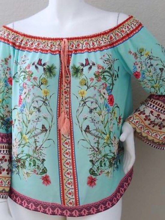 Umgee Tops - Bungee Turquoise Floral Boho Peasant Top